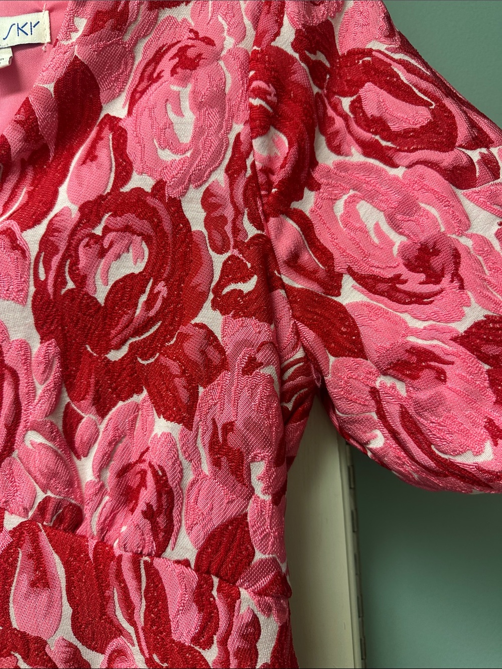 She + Sky Pink & Red Floral Jacquard Tiered Dress - Picture 3 of 4